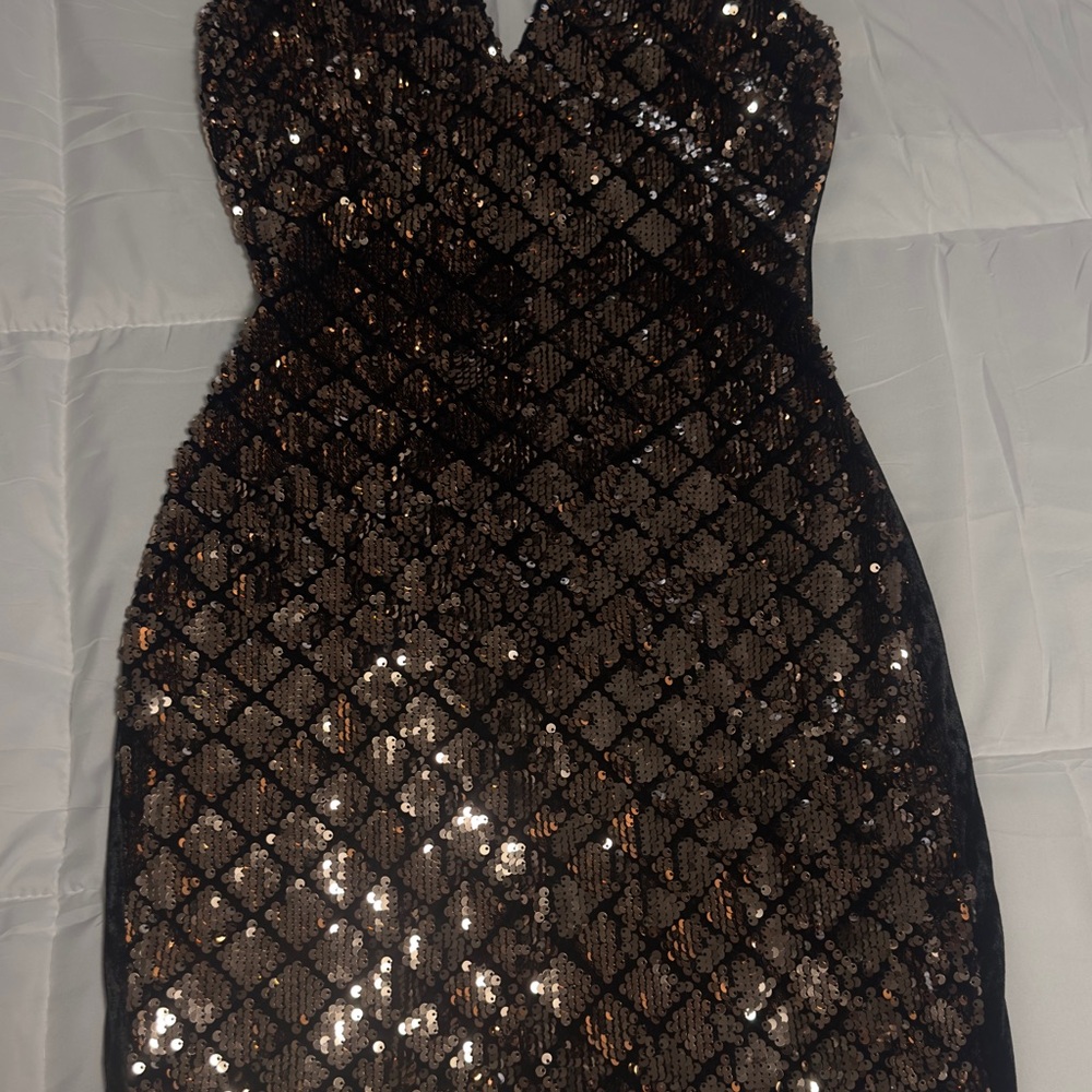Strapless Black & Bronze Sequin Evening Dress